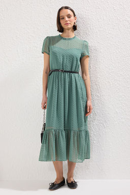 TRENDYOLMILLA Siyah Kemerli A Kesim Astarl? Midi Dokuma Elbise TWOSS20EL0983