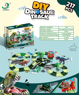 Автотрек "Fenming. Динозавры" 217 дет. (3302) в собр. виде 72*62*7,5*см; 181 мягкая секция+8 динозавров+джип на бат. и мост; в коробке