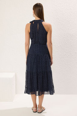 TRENDYOLMILLA Lacivert Puantiye Desenli A Kesim Yakas? Baglama Detayl? Sifon Dokuma Elbise TWOSS25EL00259