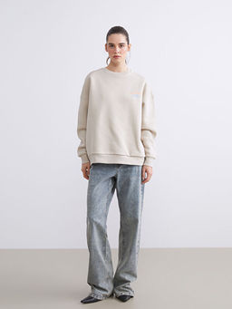 Bask?l? Oversize Kad?n Kal?n Sweatshirt