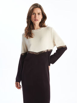 Bisiklet Yaka Renk Bloklu Kad?n Triko Elbise