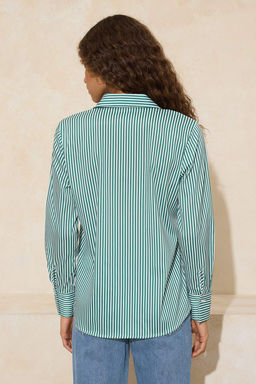 Beyaz Yesil Cizgili Kontrast Patl? Oversize/Genis Kal?p Gomlek TWOSS26GO00010 - Trendyolmilla фото 7