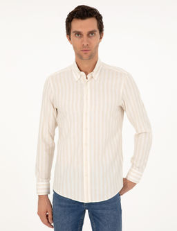 Бежевая рубашка приталенного кроя в полоску из смесового льна - Cacharel фото 3