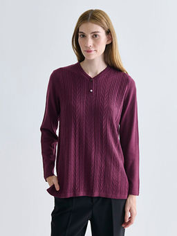 V Yaka Kendinden Desenli Kad?n Triko Kazak