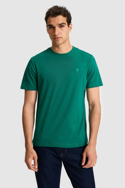 Erkek Regular Fit Bisiklet Yaka Koyu Ye_il Basic Ti__rt