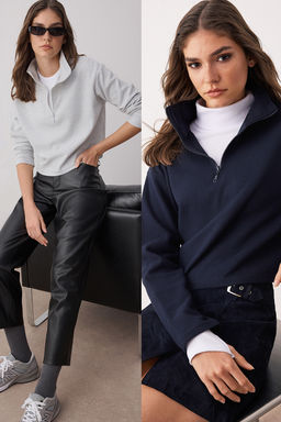 TRENDYOLMILLA Lacivert-Gri 2Li Paket Selanik Regular/Normal Kal?p Fermuarl? Yaka Orme Sweatshirt TWOAW25SW00120  фото 7