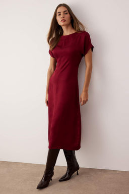 Bordo Duz Jakarl? Midi Dokuma Elbisesi TWOAW26EL00311