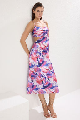 TRENDYOLMILLA Pembe-Cok Renkli Cicek Desenli Dokuma Saten S?k Abiye Elbise TPRSS23EL00305  фото 14