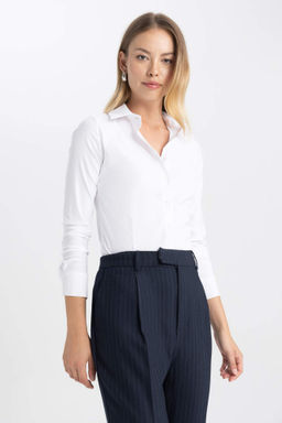 Regular Fit Bengalin Dokuma Uzun Kollu Basic Beyaz Gomlek - Defacto фото 2
