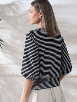 Лонгслив в полоску с рукавами-буфами из премиального хлопка с эластаном - Vilatte фото 3