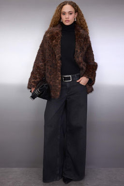 Cok Renkli Leopar Desenli Oversize Kal?p Kurk Mont TWOAW26MO00060