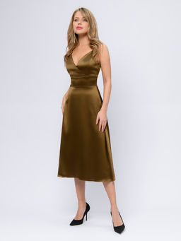 Платье бронзового цвета длины миди на бретелях с глубоким вырезом - 1001dress фото 2