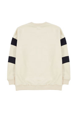 Bej Erkek Cocuk Mevsimlik-Ince Renk Bloklu Pamuklu Bisiklet Yaka Orme Sweatshirt TKDAW25SW00005