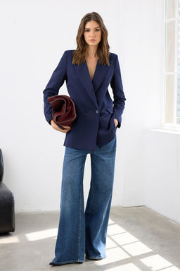 Lacivert Regular Astarl? Kruvaze Kapama Dokuma Blazer Ceket TWOSS20CE0059