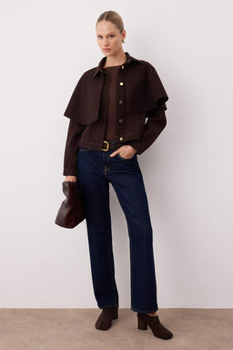 Kahverengi C?kar?labilir Pelerinli Denim Panco Ceket TWOAW26CE00001