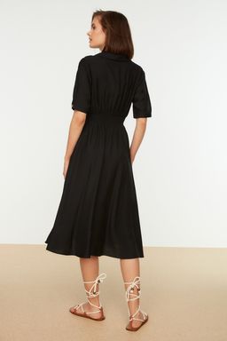 Siyah A Kesim Gomlek Yaka Gipeli Midi Dokuma Elbise TWOSS21EL1023