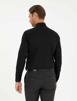 Siyah %100 Pamuk Parlak Saten Slim Fit Uzun Kollu Basic G_mlek