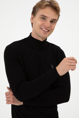 Erkek Slim Fit Bo_azl_ Siyah Basic Kazak
