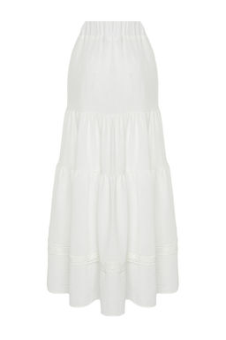 Ekru Etek Ucu Dantel Detayl? Keten Gorunumlu Klos Maxi Dokuma Etek TWOSS24ET00170