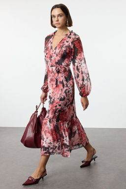 TRENDYOLMILLA Cok Renkli Kusakl? Etnik Desenli Etegi Volanl? Astarl? Midi Dokuma Elbise TWOAW24EL00356