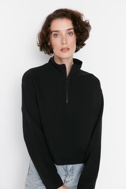 Siyah Selanik/Triko Gorunumlu Fermuarl? Yaka Regular/Normal Kal?p Orme Sweatshirt TWOAW22SW0732