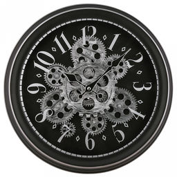 Часы настенные Механика д32см, h6,6см, циферблат Шестеренки вращающиеся, черный/потертое серебро; цифры арабские поверх стекла, серебристый; корпус пластик, черный; в лотке (Китай)