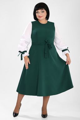 Платье зеленое с белыми длинными рукавами приталенное с поясом - Almond фото 2