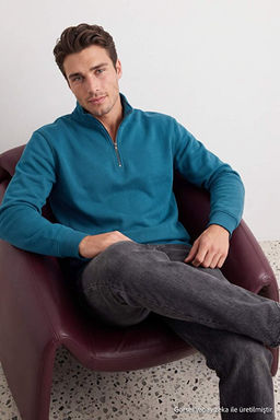 Petrol Regular/Normal Kesim Dik Yaka Fermuarl_ __i Polar/S_cak Tutan Basic Sweatshirt TMNAW24SW00041 - Trendyolmilla фото 2