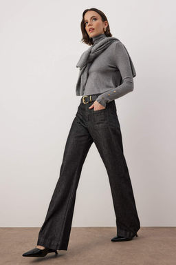 Siyah Yuksek Bel Cep Detayl? Raw Wide Leg Jeans TWOAW26JE00231 - Trendyolmilla фото 2