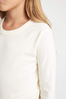 Укороченная рубашка с круглым вырезом для девочек, футболка в рубчик с принтом и длинными рукавами, состоящая из двух частей - Defacto фото 9