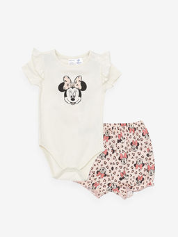 Bisiklet Yaka Minnie Mouse Bask?l? K?z Bebek ??t??tl? Body ve ?ort 2li Tak?m