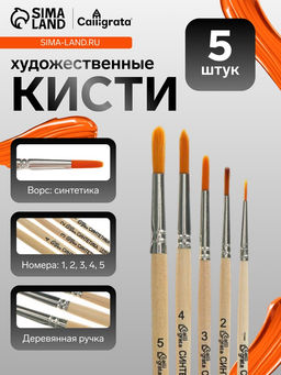 Кисти для рисования, синтетика, 5 штук: №: 1, 2, 3, 4, 5, Calligrata, круглые, деревянная ручка