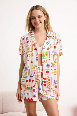 Cok Renkli Eglence Bask?l? Viskon Sortlu Dokuma Pijama Tak?m? THMSS26PT00055