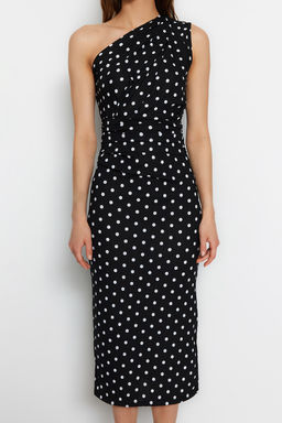 Siyah Bask?l? Fitted/Vucuda Oturan Tek Omuz Asimetrik Buzgu Detayl? Orme Kalem Elbise TWOSS23EL02182