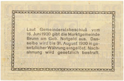 Банкнота 20 геллеров 1920 года Австрия  город Брунн-ам-Гебирге (Нотгельд)