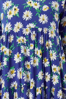 Mavi Cicekli Desenli Genis Kesim V Yaka Dokuma Elbise TWOSS24EL01029