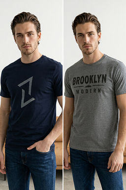 Siyah-Gri 2li Paket Regular/Normal Kal_p Bask_l_ %100 Pamuk T-Shirt TMNSS26TS00043