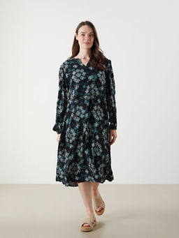 Ka??k Yaka ?i?ekli A Kesim Elbise