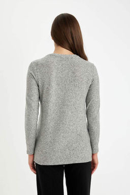 Женская футболка свободного покроя с круглым вырезом и леопардовым принтом с боковым разрезом и длинными рукавами - Defacto фото 7