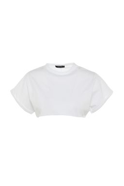 Beyaz %100 Pamuk Bisiklet Yaka Super Crop Orme T-Shirt TWOSS21TS0091