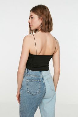 Siyah Pamuklu Spagetti Ask?l? Fitted/Vucuda Oturan Crop Esnek Orme Atlet TWOSS20AL0006