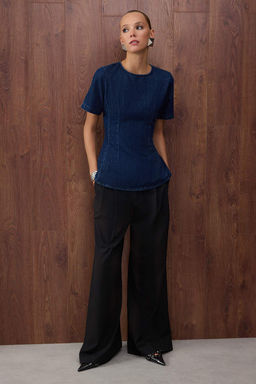 Ozel Koleksiyon Koyu Mavi K?sa Kollu Volanl? Denim Bluz TWOAW26BZ00050 - Trendyolmilla фото 4