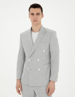 Gri Ekstra Slim Fit _izgili Kruvaze Tak_m Elbise