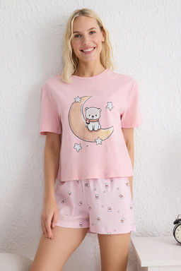 Trendyolmilla Pembe %100 Pamuklu Ay?c?k ve Y?ld?z Desenli Sortlu Orme Pijama Tak?m? THMSS25PT00081