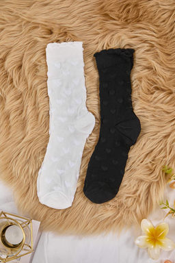 Siyah-Beyaz 2li Kalp Jakar Orme Corap THMAW26CO00021