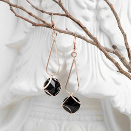Серьги висячие со стразами Капля с ромбом, цвет чёрный в розовом золоте, 7.2 см