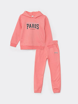 Kap??onlu Bask?l? Uzun Kollu K?z ?ocuk Sweatshirt ve E?ofman Alt?