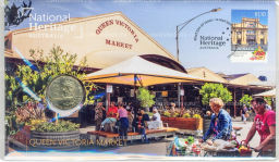1 доллар 2021 года Австралия Английский алфавит  буква Q Queen Victoria market (в блистере с маркой)