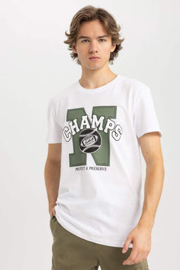 Облегающая футболка с коротким рукавом и круглым вырезом с принтом - Defacto фото 3