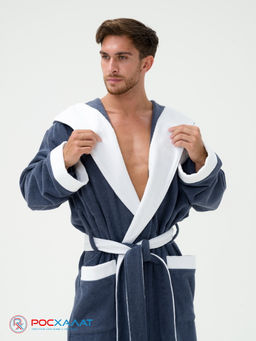Мужской махровый халат с капюшоном с белой отделкой серый+белый МЗ-05-1 (84) - Росхалат фото 6